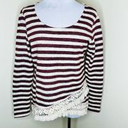 Easel Sweater MEDIUM Striped Knit Fringe Pullover Scoop Neck Crochet Shabby Chic