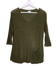 J. Jill Linen Blend Women’s V Neck 3/4 Sleeve Pocket Top in Green Size Small