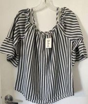 Polagram Blue Stripe Cold Shoulder Top Size Large NWT