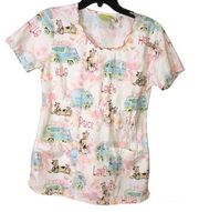 Scooby Doo Floral Love Peace Ruffle Lettuce Edge Scrub Top White Pink XS