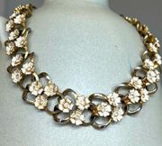 VINTAGE NECKLACE CHOKER flowers rhinestones cream gold colors