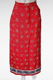 Vintage Crazy Horse Red Floral Linen Blend Maxi Skirt Size 16