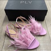 NEW! POUR LA VICTOIRE Layla Size 6 Feathered Leather Ankle Strap Sandals Purple