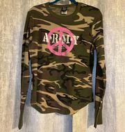 Vintage  Army Camo Pink Peace Sign Long Sleeve Thermal Shirt Y2K