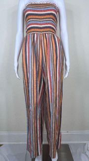 Altar’d State Wide Leg Striped Linen Blend Strapless Jumpsuit NO BELT