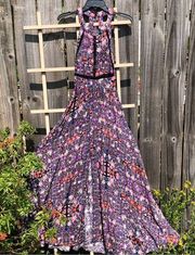 Jaase Open Back Halter Purple Floral Print Maxi Dress S