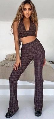 Tiger Mist Brown Plaid Flared Pull-On Bell Bottom Pants Size XS