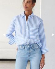 AYR The Deep End Long Sleeve Button Down Shirt in Blue + White Stripe Large