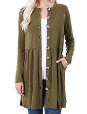 Zenana Shirred Waist Buttoned Cardigan Olive Green