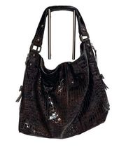 Purse Large Shoulder Bag Croc Embossed Side Zippers Brown