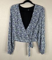 Jason Wu Womens Wrap Blouse Top Blue Floral Print Long Sleeve V Neck Sz Medium M