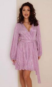 💕BARDOT Bellissa Long Sleeve Faux Wrap Dress Sorbet Pink Metallic Shine XL NWT