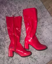Faux Leather Red Knee High Boots