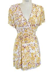 Chan Luu Yellow & Brown Fall Floral Short Wrap Dress Small