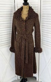 Koji Yohji Loop Fringe Collar Button Front Boucle Duster Sweater Brown Medium