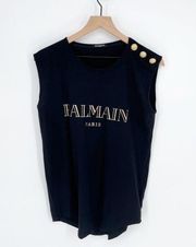 Balmain Logo Printed Crewneck Tank Top Button Shoulder Black Women's 38 US M