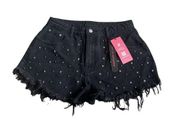 Romwe Womens Large Goth Star Studded Distressed Denim Shorts Black Nwt