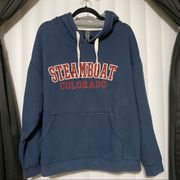 Ouray Sportswear navy blue steamboat Colorado hoodie, front tunnel pockets.