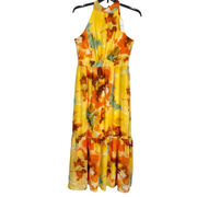 Tahari Arthur S Levine Floral Halter Tiered Maxi Dress - Yellow Orange - Size 12