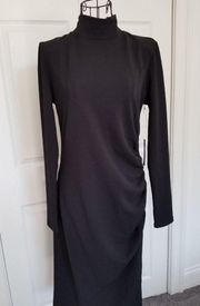 CHELSEA 28 Black Long Sleeves Mock Neck Ruched Bodycon Midi Dress Womens Sz (S)