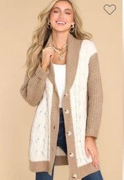 Fable Just For Me Tan Cardigan Sweater Colorblock Chunky Knit Cream Tan M/L NWT