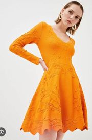 Orange Knit Floral Skater Dress Medium