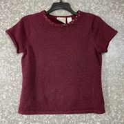 First Issue Liz Claiborne Burgundy Sparkle Knit Top - Size Medium - Sequin Neck