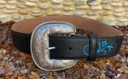 Women’s Tony Lama Teal Blue & Black Leather Prairie Floral Belt Size 30. NWT