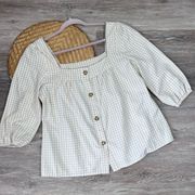Sunny Leigh beige gingham button down babydoll blouse