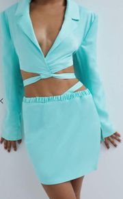 NWT For Love and Lemons Marie Side-Cur Out Asymmetrical Mini Skirt Teal