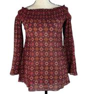 Band Of Gypsies Small Top Geometric 3/4 Sleeve Smocked Boat Neck Boho Crinkle