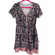 Misslook Women's Black Floral Button Down Boho Short Sleeve Mini Dress Small