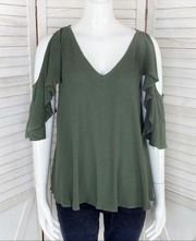 Love Riche Ruffle Sleeve Cold Shoulder Top Army Green Small V-neck