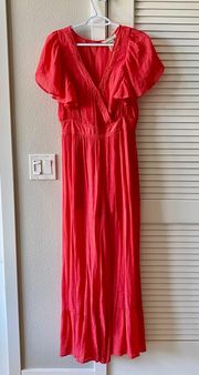 Large Hot Red Bodysuit Jumpsuit Romper Embroidered Woven Wide Leg