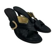 Giuseppe Zanotti Womens Size 40 10 Sandals Slide Heeled Black Gold Satin