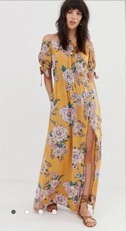 Band of Gypsies Womens Yellow Floral Print Cold Shoulder Maxi Boho  Dress Size L