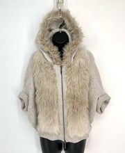 Anthropologie Sleeping on Snow Jacket Faux Fur Full Zip Hooded Size S Gray, Tan