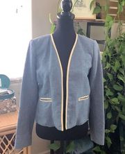 Club Monaco Blue Linen Ivory Leather Trim Open Front Cropped Blazer Jacket - 4