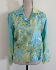 Chadwicks 100% Silk Embellished Floral Jacket Blazer Blue Green size 4