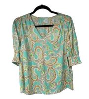 Sigrid Olsen Mint Green Paisley Puff Sleeve V Neck Top