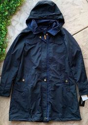 Via Spiga Water Rain Trench Coat Jacket Hooded Black Navy Blue Size M