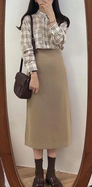 Neutral Beige Khaki High Waisted Long Midi Business Casual Skirt Size Large