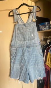 Distressed Light Denim Overall Shorts, Size L Tall