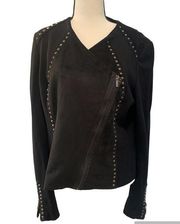 Cache | suede black embellished asymmetrical zip blazer size large