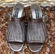 Brighton Pewter/Silver Woven Reed Slide Open Toe Heel Sandal Leather Size 7M EUC