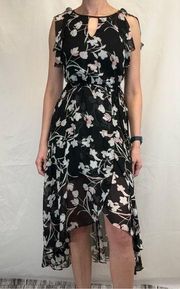 White House Black Market Women Wrap Hi Low Sheer Floral Dress 0 Black Cream Pink