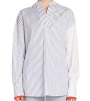 VICTORIA BECKHAM Split-Neck Long-Sleeve Pinstripe Cotton Blouse