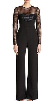 Halston Jac Sequin Illusion Neck Crepe Jumpsuit Size 4 NWT Black Wide Leg