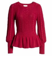 Rachel Parcell Cable Knit Bobble Sweater Peplum Lantern Sleeve Maroon Womens S