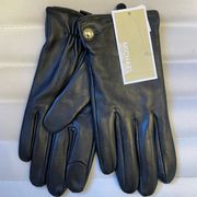 Michael Kors Leather Black Gloves Gold Button Touch Tip Gift Box MSRP $108 NEW